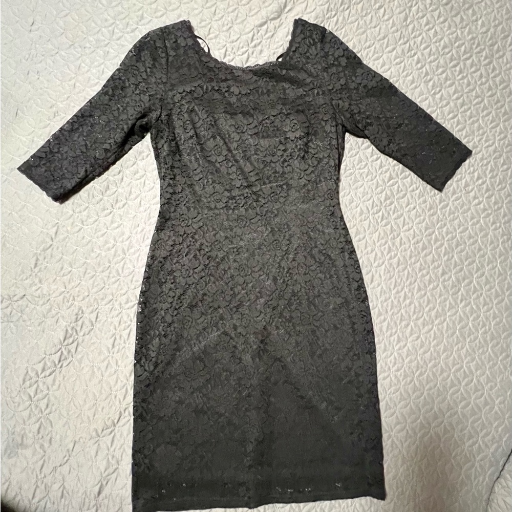 Laundry by Shelli Segal Black Lace Dress Sheath Cocktail Wedding Guest Size 10